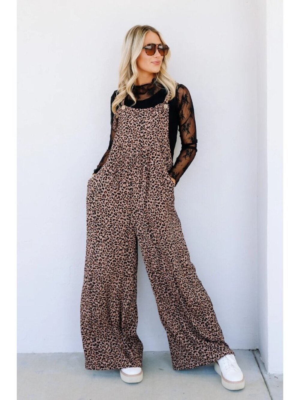Wild Muse Oversized Leopard Animal Print Jumpsuit Overalls in Taupe Medium